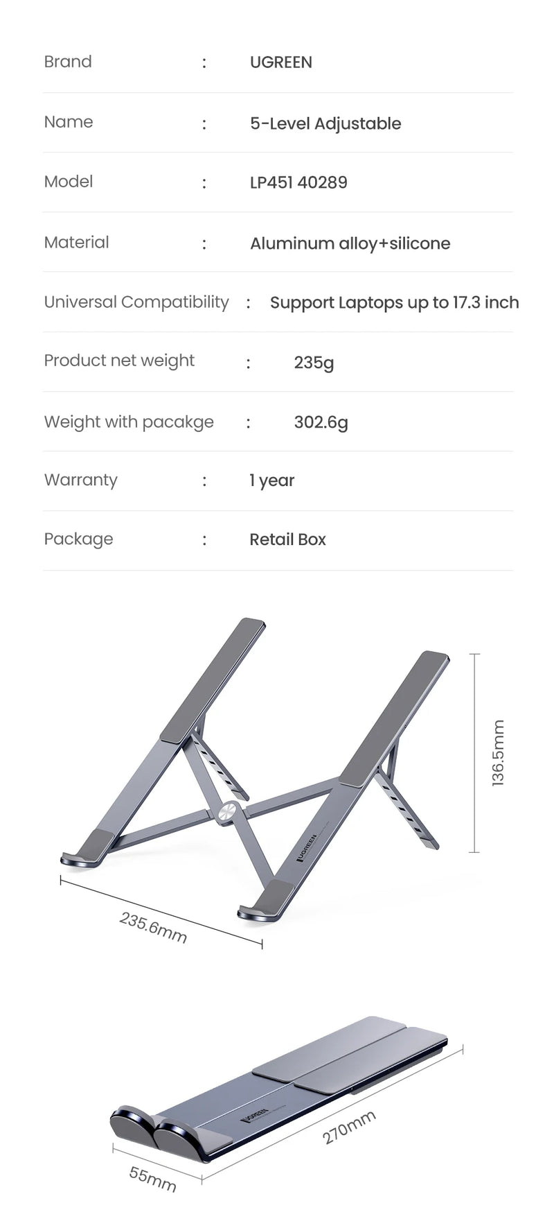 UGREEN Adjustable Aluminum Laptop Stand – Foldable & Portable (Up to 17.3”)